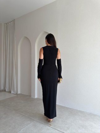  SİLVES Kol Detaylı Maxi Elbise 4216 - Siyah - 3