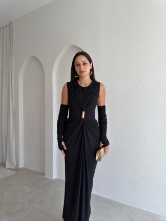  SİLVES Kol Detaylı Maxi Elbise 4216 - Siyah - 2