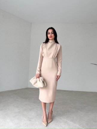 Simetrik Pileli Midi GLEAM Elbise 3884 - Krem - 2