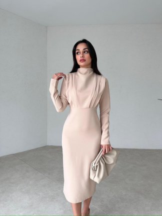 Simetrik Pileli Midi GLEAM Elbise 3884 - Krem - 1
