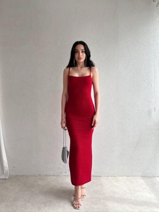 Simli MONİKA Maxi Elbise 9977 - Kırmızı - 5