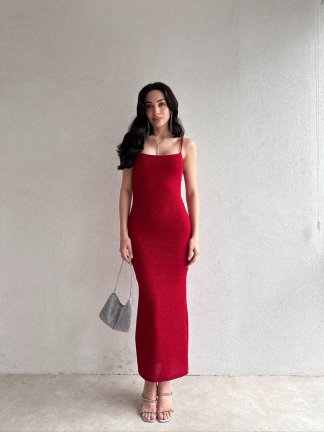 Simli MONİKA Maxi Elbise 9977 - Kırmızı - 2