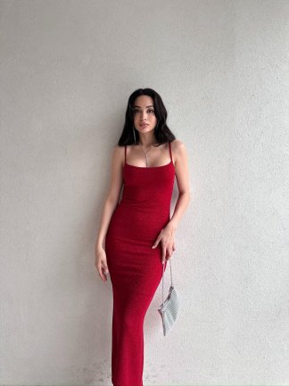 Simli MONİKA Maxi Elbise 9977 - Kırmızı - 3