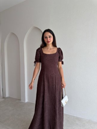 SİMON Maxi Elbise 3685 - Acı Kahve - 2