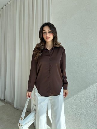SİMPLE Saten Gömlek 8674 - Acı Kahve - 3