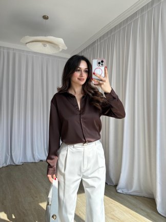 SİMPLE Saten Gömlek 8674 - Acı Kahve - 4