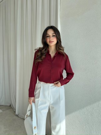 SİMPLE Saten Gömlek 8674 - Bordo - 2