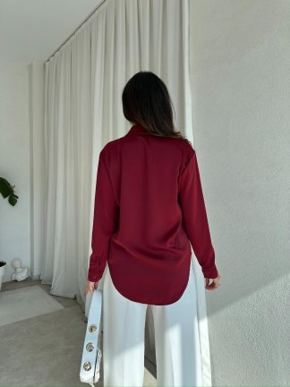 SİMPLE Saten Gömlek 8674 - Bordo - 3