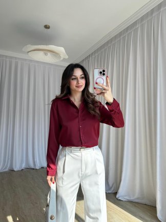 SİMPLE Saten Gömlek 8674 - Bordo - 4