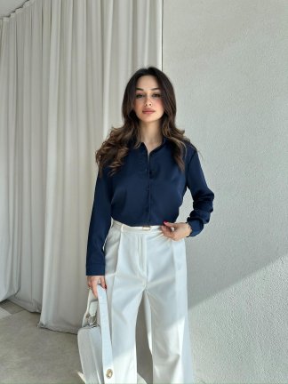 SİMPLE Saten Gömlek 8674 - Lacivert - 4