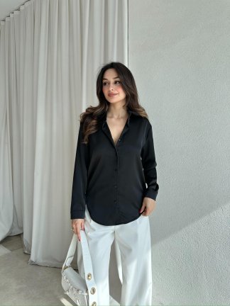 SİMPLE Saten Gömlek 8674 - Siyah 