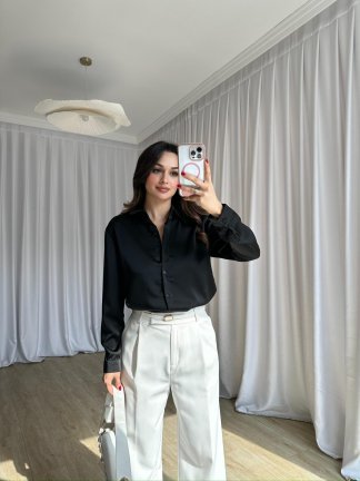 SİMPLE Saten Gömlek 8674 - Siyah - 4
