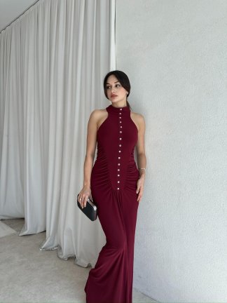  SİNGO Maxi Elbise 8352 - Bordo - 3