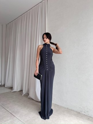 SİNGO Maxi Elbise 8352 - Füme - 3