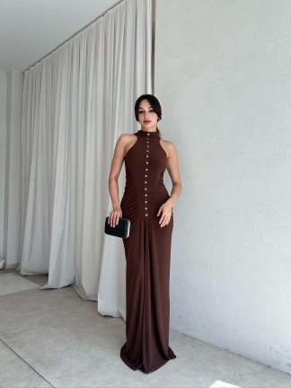 SİNGO Maxi Elbise 8352 - Kahverengi - 3