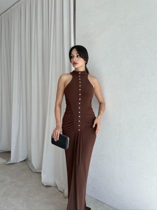 SİNGO Maxi Elbise 8352 - Kahverengi - 4