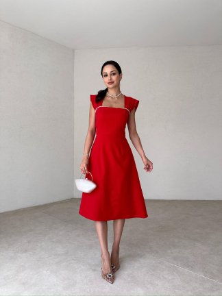 Sıralı İncili Midi EXETER Elbise 2117 - Kırmızı - 2