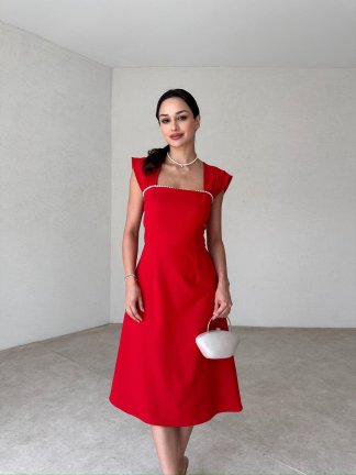 Sıralı İncili Midi EXETER Elbise 2117 - Kırmızı - 1