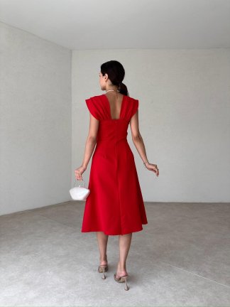 Sıralı İncili Midi EXETER Elbise 2117 - Kırmızı - 3