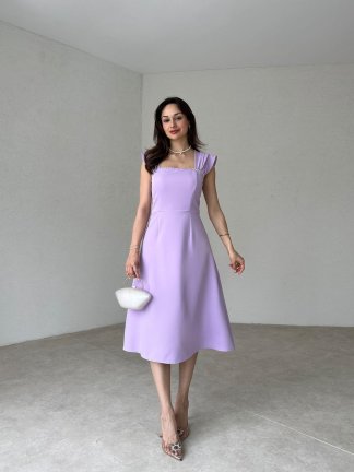 Sıralı İncili Midi EXETER Elbise 2117 - Lila - 2