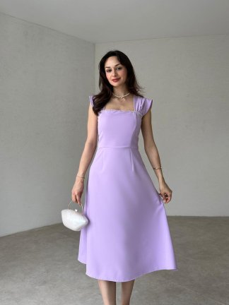 Sıralı İncili Midi EXETER Elbise 2117 - Lila - 1