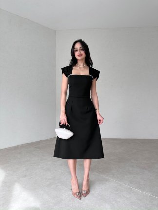 Sıralı İncili Midi EXETER Elbise 2117 - Siyah - 2