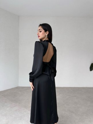 Sırt Dekolteli Midi MORRİS Elbise 3855 - Siyah 
