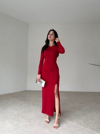 Sırt Dekolteli Midi POLD Elbise 2334 - Kırmızı - 3
