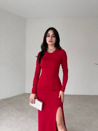 Sırt Dekolteli Midi POLD Elbise 2334 - Kırmızı - 2