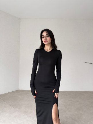 Sırt Dekolteli Midi POLD Elbise 2334 - Siyah - 2