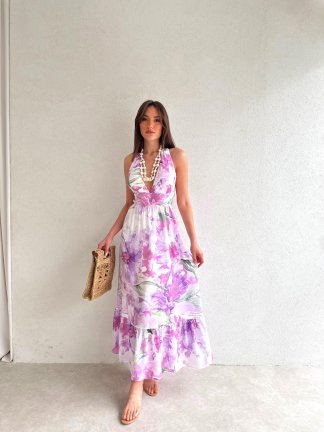 Sırt Dekolteli Midi REYMONT Elbise 6709 - Lila - 1