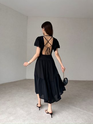 Sırt Dekolteli Midi RİVEST Elbise 8555 - Siyah - 1