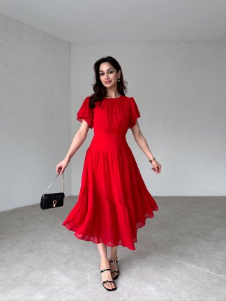 Sırt Dekolteli Midi RİVEST Elbise 8555 - Kırmızı - 2