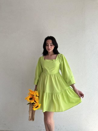 Sırtı Bağlama Detaylı Poplin Spring Elbise - Yeşil - 1