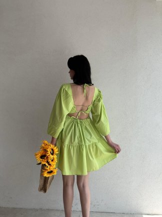 Sırtı Bağlama Detaylı Poplin Spring Elbise - Yeşil - 2