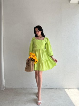 Sırtı Bağlama Detaylı Poplin Spring Elbise - Yeşil - 3