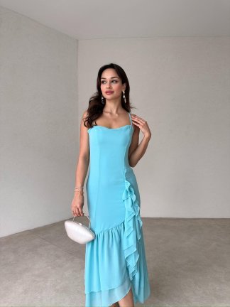 SİVELLA Midi Elbise 6490 - Turkuaz 