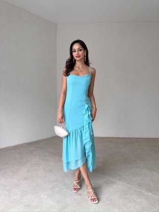 SİVELLA Midi Elbise 6490 - Turkuaz - 2