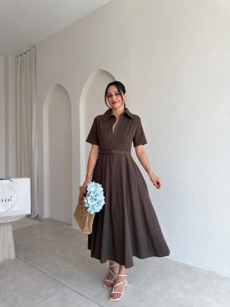 SLOW Kemerli Midi Elbise 4896 - Acı Kahve 