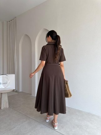 SLOW Kemerli Midi Elbise 4896 - Acı Kahve - 2