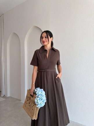SLOW Kemerli Midi Elbise 4896 - Acı Kahve - 3
