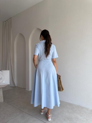 SLOW Kemerli Midi Elbise 4896 - Bebe Mavisi - 3