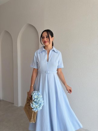 SLOW Kemerli Midi Elbise 4896 - Bebe Mavisi - 2