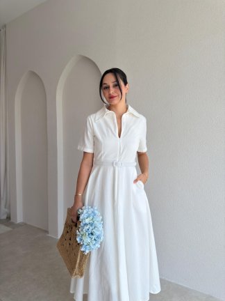 SLOW Kemerli Midi Elbise 4896 - Beyaz - 2