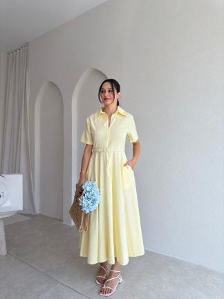  SLOW Kemerli Midi Elbise 4896 - Sarı 