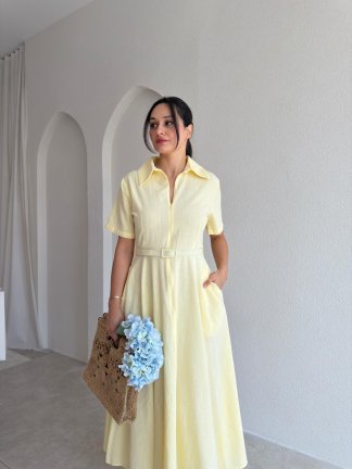  SLOW Kemerli Midi Elbise 4896 - Sarı - 2