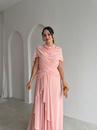 SOLİD Şallı Maxi Elbise 3678 - Pudra - 3