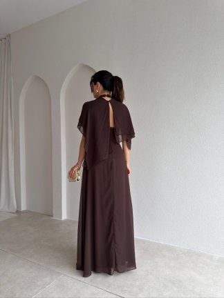 SOLİD Şallı Maxi Elbise 3678 - Acı Kahve - 3