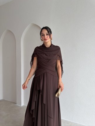 SOLİD Şallı Maxi Elbise 3678 - Acı Kahve - 2