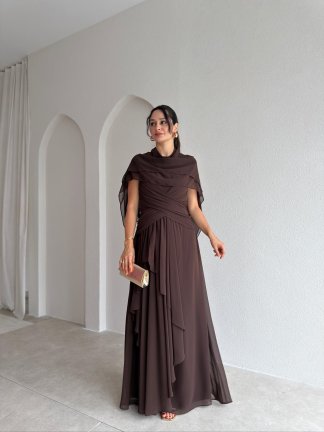 SOLİD Şallı Maxi Elbise 3678 - Acı Kahve 